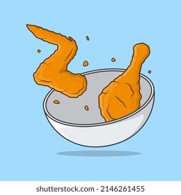 Fried Chicken Crispy In White Bowl Cartoon Vector Illustration. Fried Chicken Flat Icon Outline