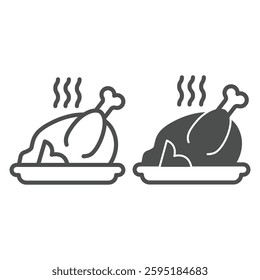 Fried chicken dish line and solid icon, culinary cooking concept. Vector graphics. Hot turkey on plate sign on white background, outline style icon for mobile or web design
