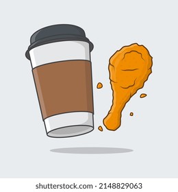 Ilustración Del Vector De Caricaturas De La Copa De Café Y El Pollo Frito. Esquema De Icono Plano De Café Y Pollo Frito