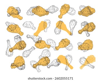 Fried chicken doodle pattern. fried chicken seamless pattern background. doodle fried chicken pattern background. fast food background. Chicken leg seamless pattern. Drumstick background.