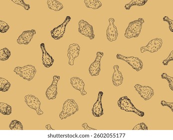 Fried chicken doodle pattern. fried chicken seamless pattern background. doodle fried chicken pattern background. fast food background. Chicken leg seamless pattern. Drumstick background.