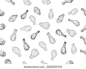 Fried chicken doodle pattern. fried chicken seamless pattern background. doodle fried chicken pattern background. fast food background. Chicken leg seamless pattern. Drumstick background.