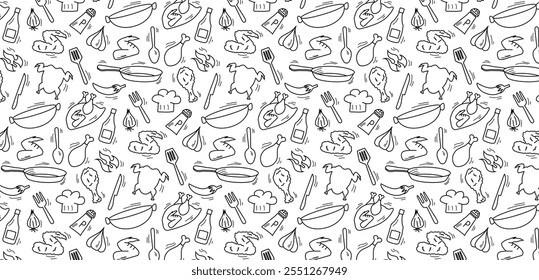 fried chicken doodle seamless pattern background, cooking kitchen utensil icon hand drawing messy sketch