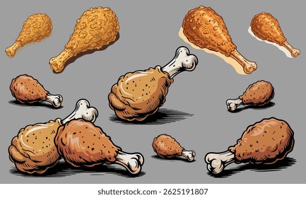 Fried chicken drum stick isolated colored drawing  art style sketch classic vintage design. Fried crispy chicken leg. Chicken Leg Doodle. Vector Illustration. 