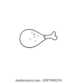 Fried chicken drumstick, hand drawn doodle outline, vector illustration isolated on white background. Meat bone, wing or foot - fast food meal for cafe menu design.