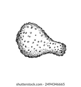 Fried Chicken Drumstick, Hand-Drawn Vector, Graphic Style, Cartoon Illustration, Black and White, Sketch Style, Isolated on White Background
