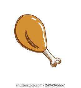 Fried Chicken Drumstick, Hand-Drawn Vector, Graphic Style, Cartoon Illustration, Black and White, Sketch Style, Isolated on White Background
