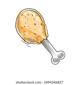 Fried Chicken Drumstick, Hand-Drawn Vector, Graphic Style, Cartoon Illustration, Black and White, Sketch Style, Isolated on White Background