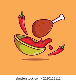 Fried chicken drumstick with red hot chili sauce cartoon illustration. Spicy food cartoon illustration