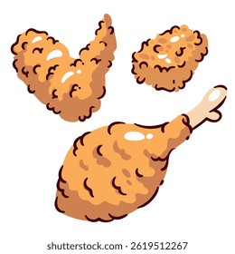 Fried chicken drumstick, wing, and nugget in crispy coating, cartoon doodle and flat style. Vector illustration for fast food menu, cafe, restaurant, or snack bar design.