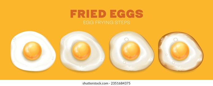 Fried chicken egg stages from raw to crispy brown edges on yellow background realistic vector illustration