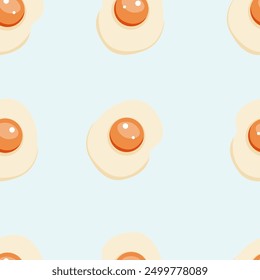 Fried chicken eggs pattern. Seamless endless background design, breakfast food texture. Repeating print with yolk and protein. Flat vector illustration for fabric, textile, wallpaper, decoration