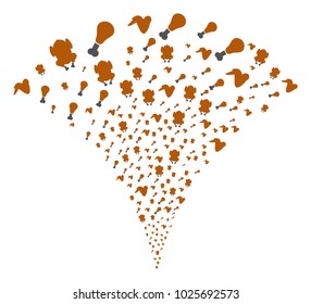 Fried Chicken explosion fountain. Vector illustration style is flat iconic symbols. Object fountain organized from random design elements as fried chicken fireworks.