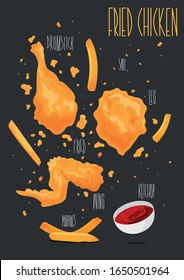 Fried chicken. Fast food fried chicken meat and french fries. Vector illustration