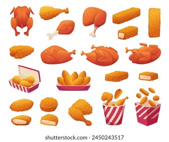 Fried chicken. Fast food snacks fried wings of chicken and hen legs exact vector illustrations of different tasty products