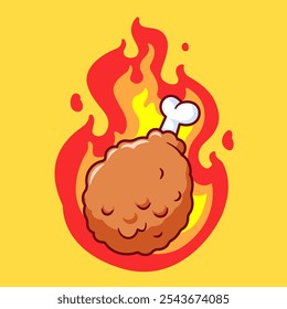 Fried Chicken With Fire Cartoon Vector Icon Illustration. Food Object Icon Concept Isolated Premium Vector. Flat Cartoon Style