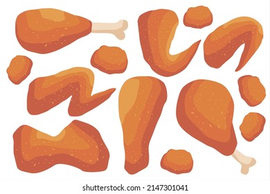 Pollo frito. Comida frita. Conjunto de ilustraciones vectoriales de pollo frito