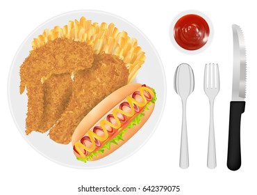 fried chicken french fries and hot dog sausage on a dish