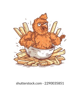 Pommes frites Huhn mit Pommes frites in einem Teller-Cartoon-Charakter. Vektorgrafik-Designkunst