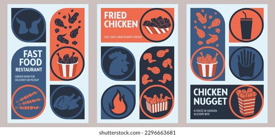 Pollo frito, patatas fritas, póster de soda para el marketing en medios sociales de un restaurante o hotel. Conjunto de ilustraciones vectoriales. Tipografía. Estilo Bauhaus. Etiquetas, portada, plantilla, fondo, publicación.