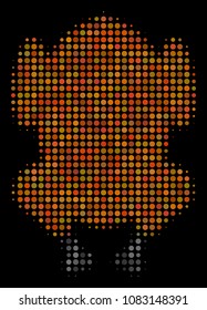 Fried chicken halftone vector icon. Illustration style is dot iconic fried chicken symbol on a black background. Halftone structure is build from round cells.