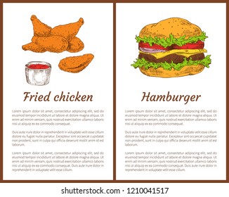 Fried chicken and hamburger posters set. American fast food meals drumsticks served with tomato sauce, buns and meat, salad leaves vector illustration