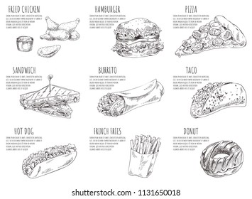 Fried chicken and hamburger sketches set. Italian pizza slice, sandwich and burrito. Taco and hot dog, french fries and donut vector illustration