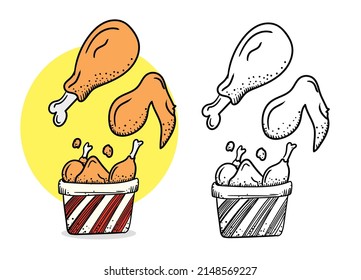 Fried chicken hand drawing color and black white