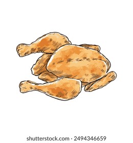 Pollo frito, Vector dibujado a mano, estilo gráfico, ilustración de dibujos animados, blanco y negro, estilo de boceto, aislado sobre fondo blanco