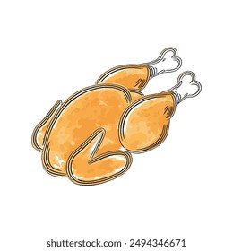 Pollo frito, Vector dibujado a mano, estilo gráfico, ilustración de dibujos animados, blanco y negro, estilo de boceto, aislado sobre fondo blanco