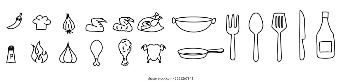 fried chicken icon doodle hand drawing kitchen cooking utensil tools symbol