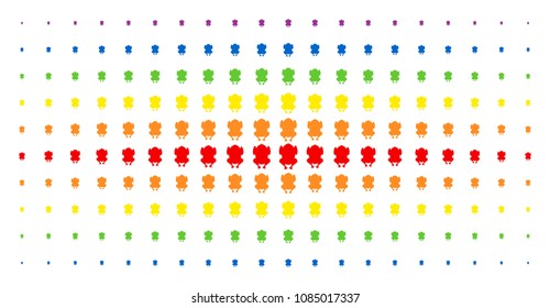 Fried chicken icon rainbow colored halftone pattern. Vector fried chicken pictograms are arranged into halftone matrix with vertical spectral gradient. Constructed for backgrounds, covers,