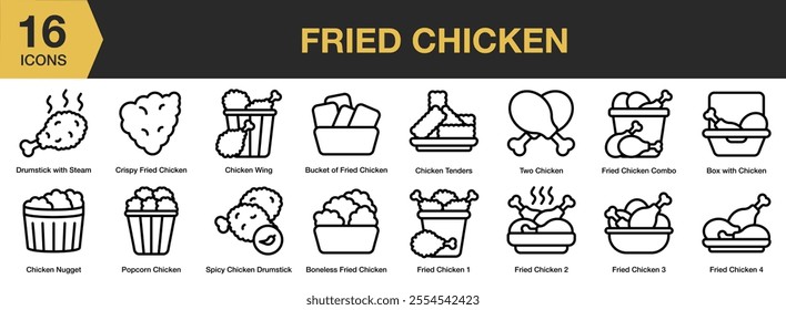 Fried Chicken icon set. Includes drumstick, wing, crispy, popcorn, nugget, and More. Outline icons vector collection.