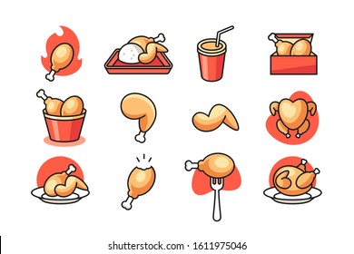 Fried chicken icon set vector design