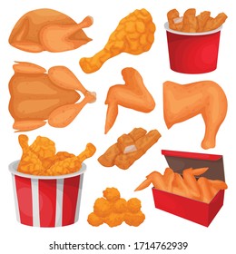 Fried Chicken Isolated Cartoon Set Icon. Vector Illustration Crispy Wing On White Background. Vector Cartoon Set Icon Fried Chicken .