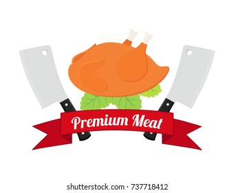 Fried chicken label, logo. Hen, knives - farm product. Made in cartoon flat style. Vector illustration