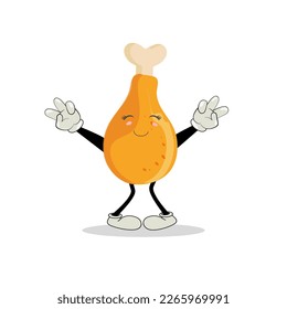 Fried chicken leg cartoon character. Roast chicken leg mascot. Vector illustration of a fried chicken icon. Whole roast chicken. Leg poultry vector emoticon.
