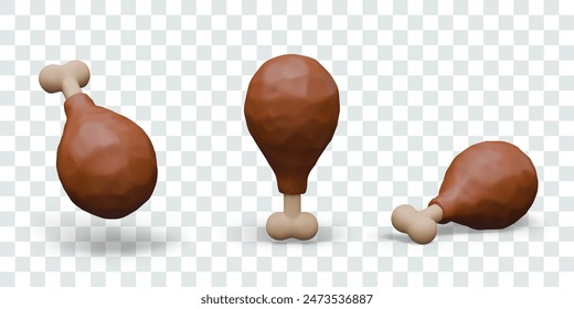 Fried chicken leg in different positions. Set of vector 3D objects. Grilled poultry