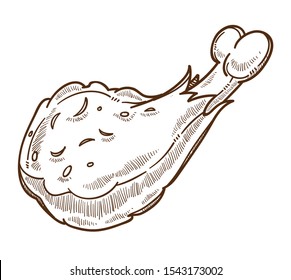 Fried chicken leg, fast food menu, drumstick isolated sketch vector. Street snack, unhealthy meal, crispy crust on poultry, bbq dish drawing. Cooking and eating, cafe or bistro menu, unhealthy dinner