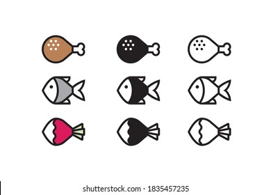 Fried chicken leg, fish and radish icons as symbols for meat, seafood and vegan menu.