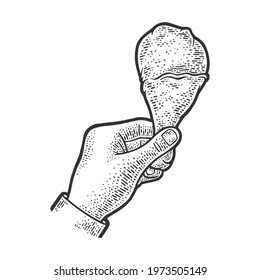 Fried chicken leg in hand sketch engraving vector illustration. T-shirt apparel print design. Scratch board imitation. Black and white hand drawn image.