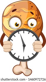 Pata de pollo frito sosteniendo un reloj, ilustración, vector sobre fondo blanco.