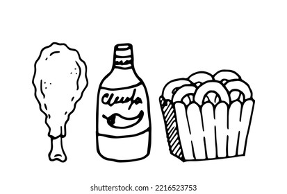 Fried chicken leg, hot sauce and onion rings illustration