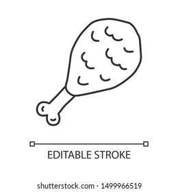 Fried chicken leg linear icon. Roasted, grilled hen meat thin line illustration. Unhealthy nutrition, fat food, bbq contour symbol. Delicious snack vector isolated outline drawing. Editable stroke
