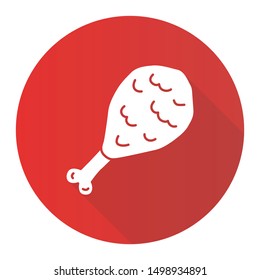 Fried chicken leg red flat design long shadow glyph icon. Roasted, grilled hen meat vector silhouette illustration. Unhealthy nutrition, barbecue symbol. Tasty lunch, delicious snack, harmful eating