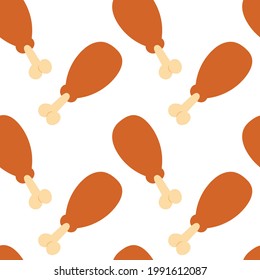 Fried chicken leg seamless pattern. Fast food hand drawn endless background. Part of set.