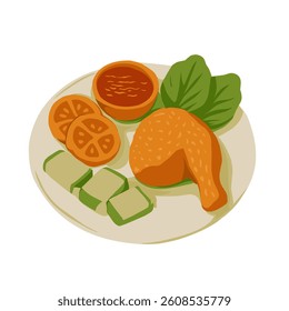 Fried Chicken Leg with Side Dishes, spicy fried chicken Indonesian food, vector illustration
