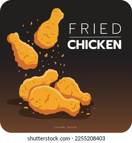Fried chicken leg, vector illustration, isolated on black background.