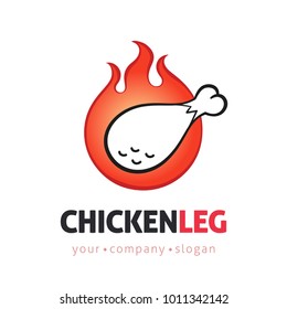 Fried Chicken leg vector logo design template with flames. Barbecue concept in cartoon lineart style sign, symbol.