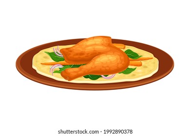 Frittierter Hühnerleg mit Gemüse und Flatbrot als indische Gerichte und Hauptgericht serviert auf Plate Nahaufnahme Vektorgrafik